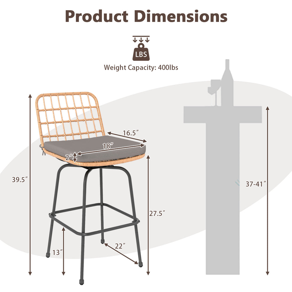 Patio swivel barstool dimensions with gray soft seat cushion, heavy-duty metal frame, and 400 lbs weight capacity.