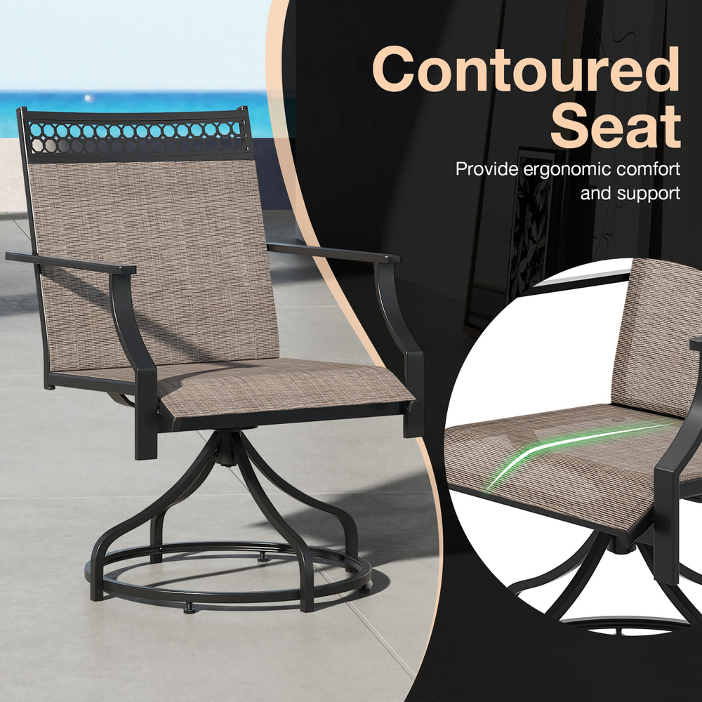 Patio swivel dining chair featuring a contoured seat and heavy-duty metal frame, perfect for outdoor relaxation.