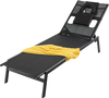 Black patio sunbathing lounge chair with adjustable 5-position backrest and headrest pillow, perfect for poolside.