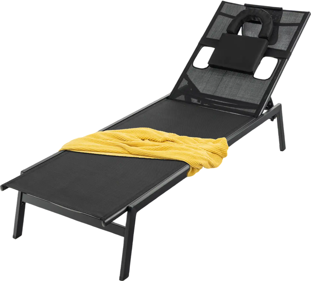 Black patio sunbathing lounge chair with adjustable 5-position backrest and headrest pillow, perfect for poolside.