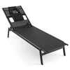 Black patio sunbathing lounge chair with adjustable 5-position backrest and headrest pillow for poolside relaxation.