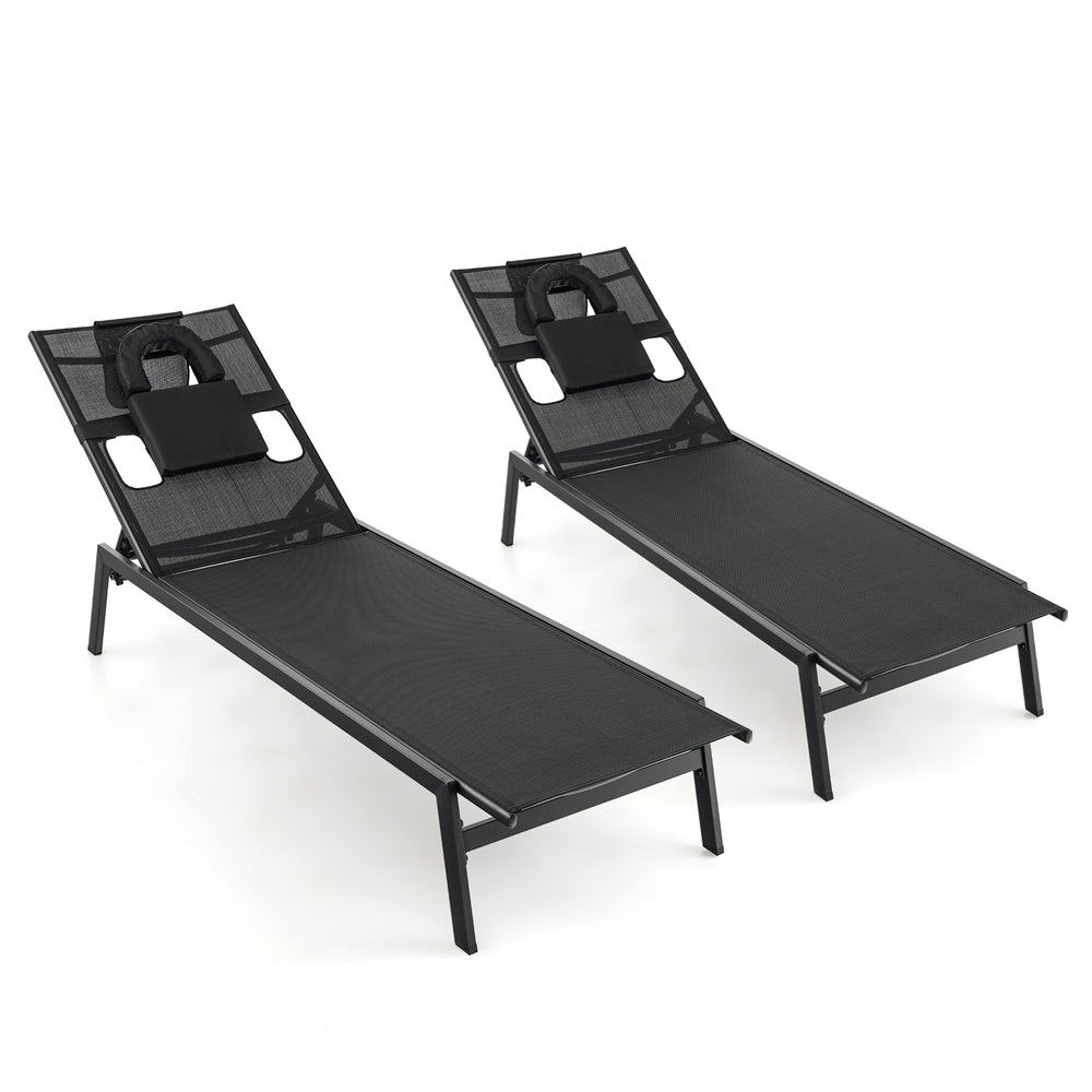 Black patio sunbathing lounge chairs with adjustable 5-position backrest and headrest pillows for poolside relaxation.