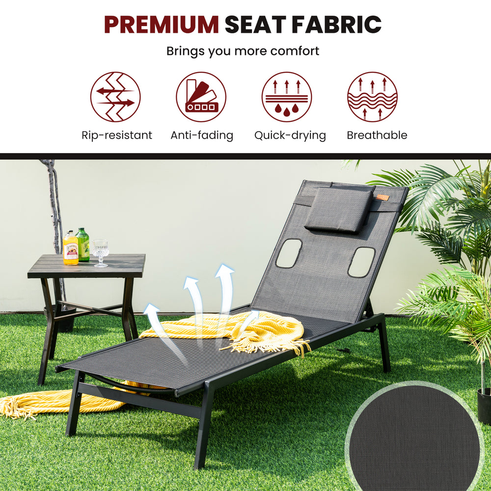 Adjustable black patio sunbathing lounge chair with headrest pillow, featuring durable, breathable fabric for outdoor.