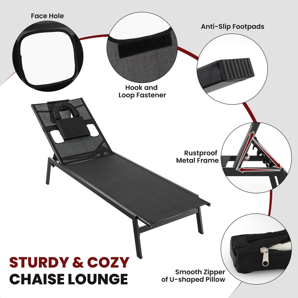 Black patio sunbathing lounge chair with adjustable 5-position backrest, headrest pillow, and anti-slip footpads for.