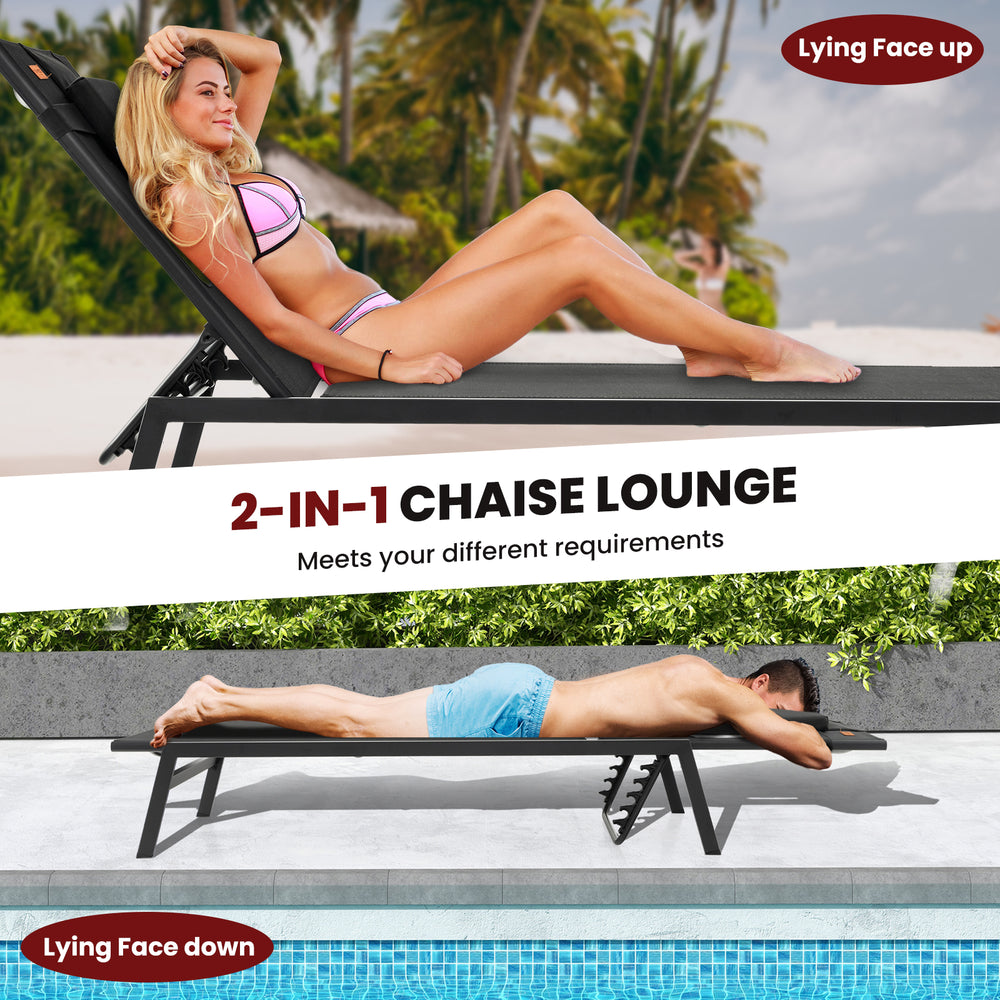 Adjustable black patio sunbathing lounge chair with headrest, shown face up and face down, ideal for poolside.