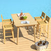 Teak wood bar stool with rattan backrest, perfect for outdoor patios and poolside relaxation.