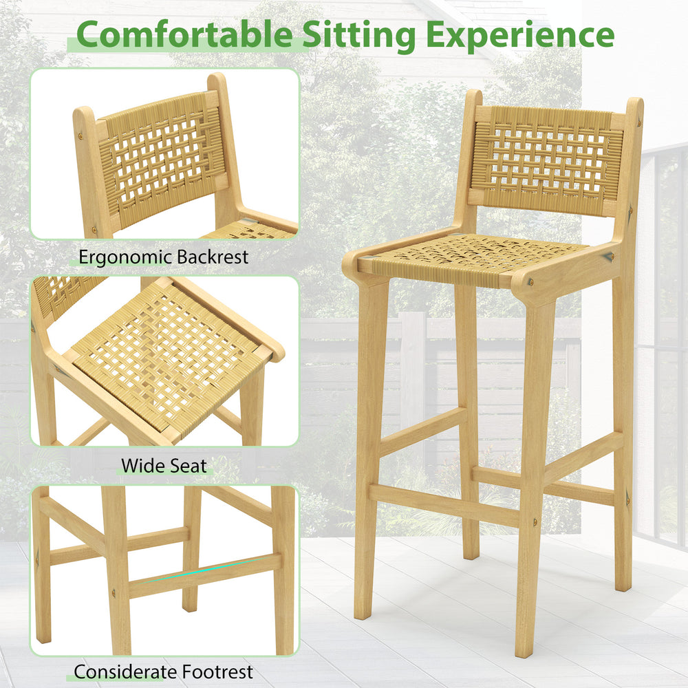 Teak wood bar stool with rattan backrest and wide seat, ideal for outdoor patio and poolside relaxation.