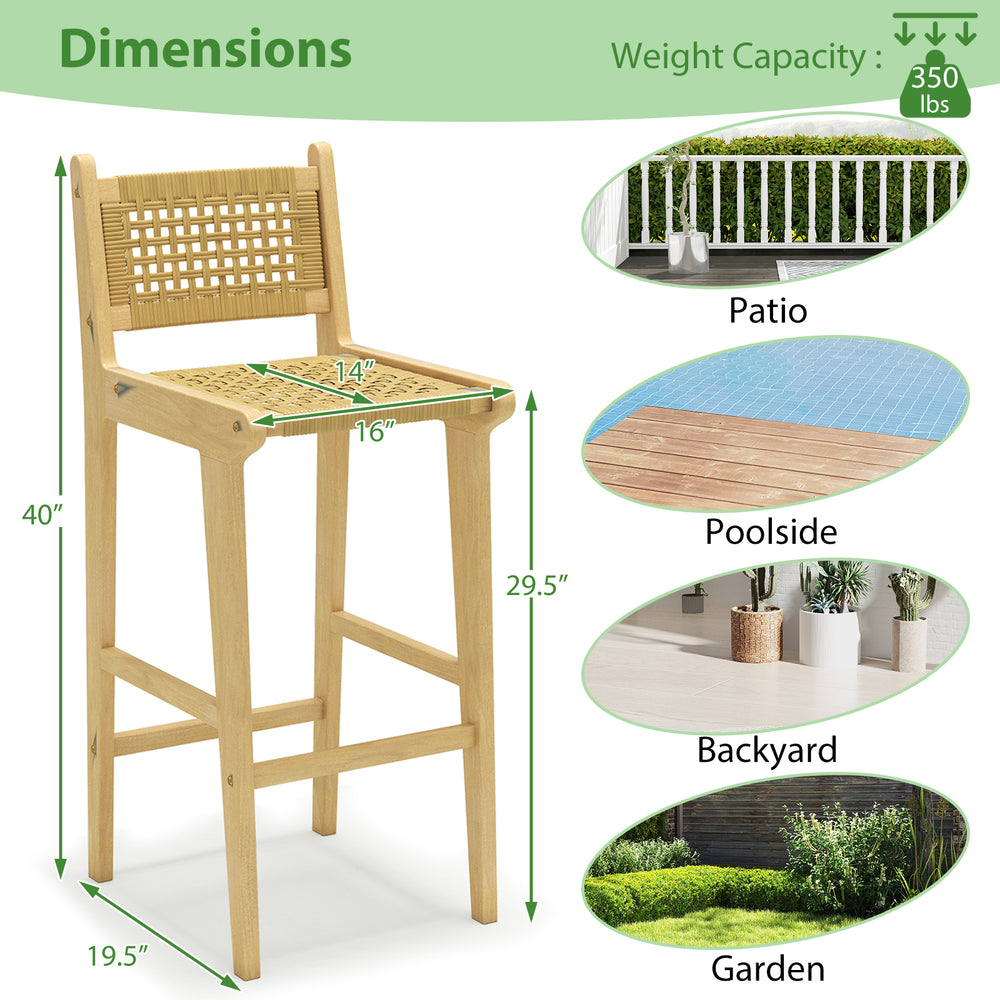 Teak wood bar stool with rattan backrest, 40" height, ideal for patio, poolside, or garden seating.