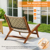 Teak wood patio chair with nylon webbing seat, ergonomic backrest, ideal for indoor and outdoor use.
