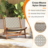 Mid-century accent chair with cross-woven nylon webbing seat and teak wood frame, perfect for outdoor relaxation.