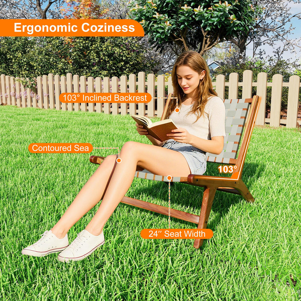 Patio teak wood chair with ergonomic 103° inclined backrest and nylon webbing seat, ideal for outdoor relaxation.