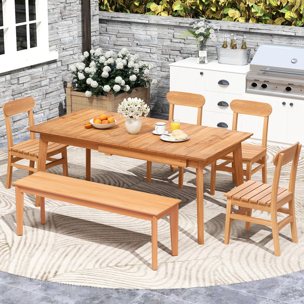Teak wood dining chair with slatted seat, featuring an ergonomic backrest, ideal for backyard or poolside use.