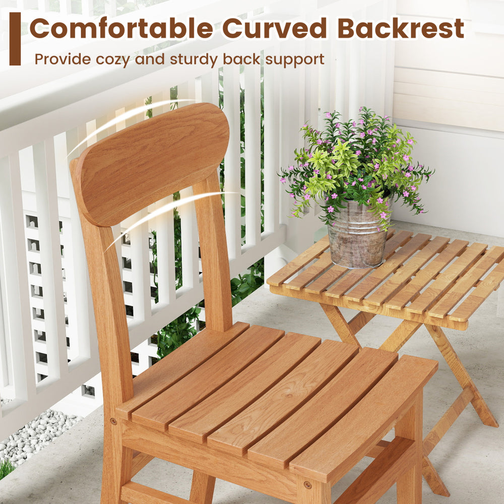 Teak wood armless dining chair with ergonomic curved backrest, perfect for backyard or poolside relaxation.