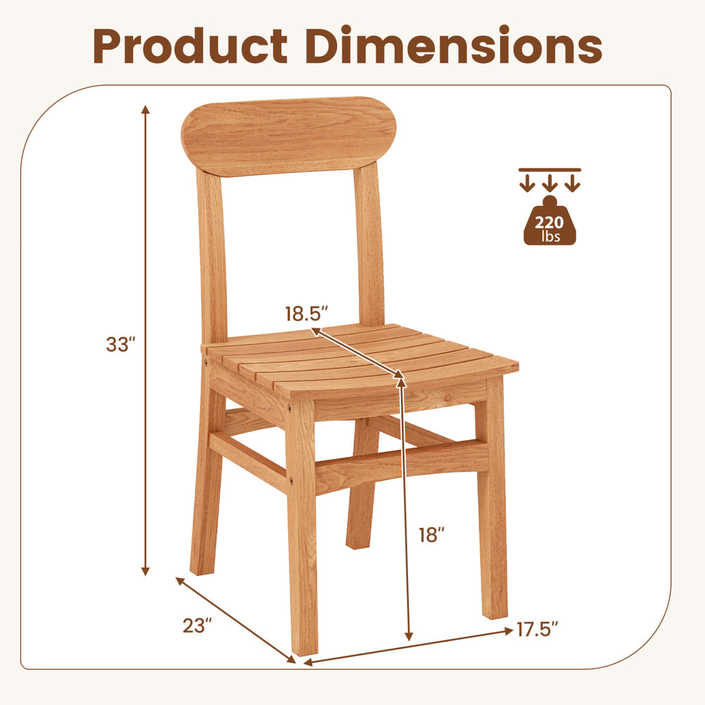 Teak wood armless dining chair with slatted seat, featuring ergonomic backrest and non-slip footpads for stability.