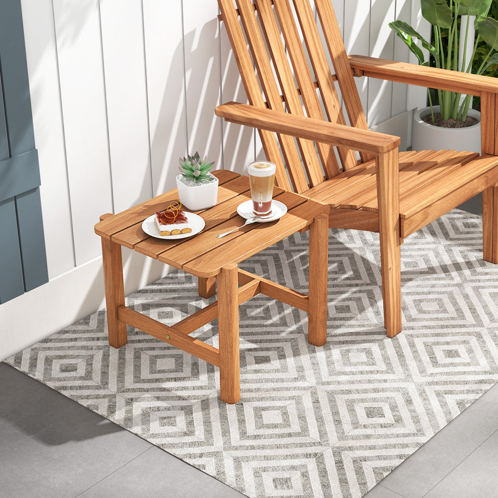 Teak wood side table with slatted tabletop, perfect for outdoor use on porches, decks, or balconies.