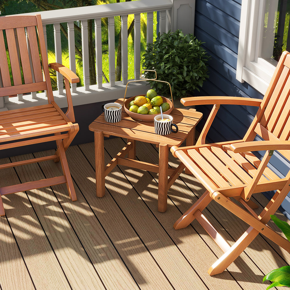 Teak wood side table with slatted design, ideal for outdoor gatherings, featuring a charming natural finish and sturdy.