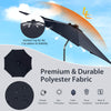 10 feet navy patio umbrella with solar-powered LED lights, vented top for airflow, and durable polyester fabric.