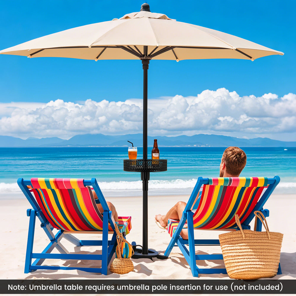 Patio umbrella table tray in black, adjustable with storage, perfect for snacks and drinks during outdoor gatherings.