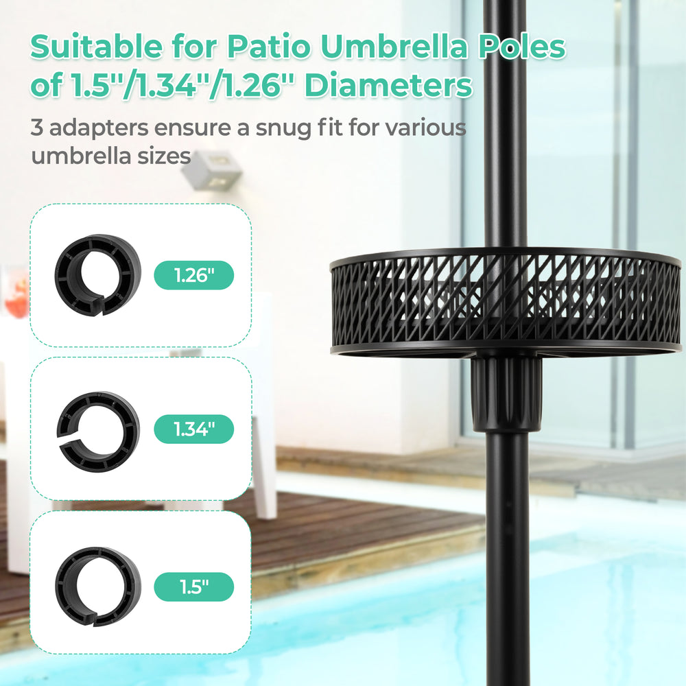 Patio umbrella table tray in black with three adapters for 1.5"/1.34"/1.26" poles, perfect for outdoor gatherings.