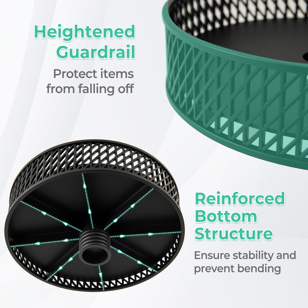 Reinforced bottom structure and heightened guardrail of the adjustable patio umbrella table tray for stability and.