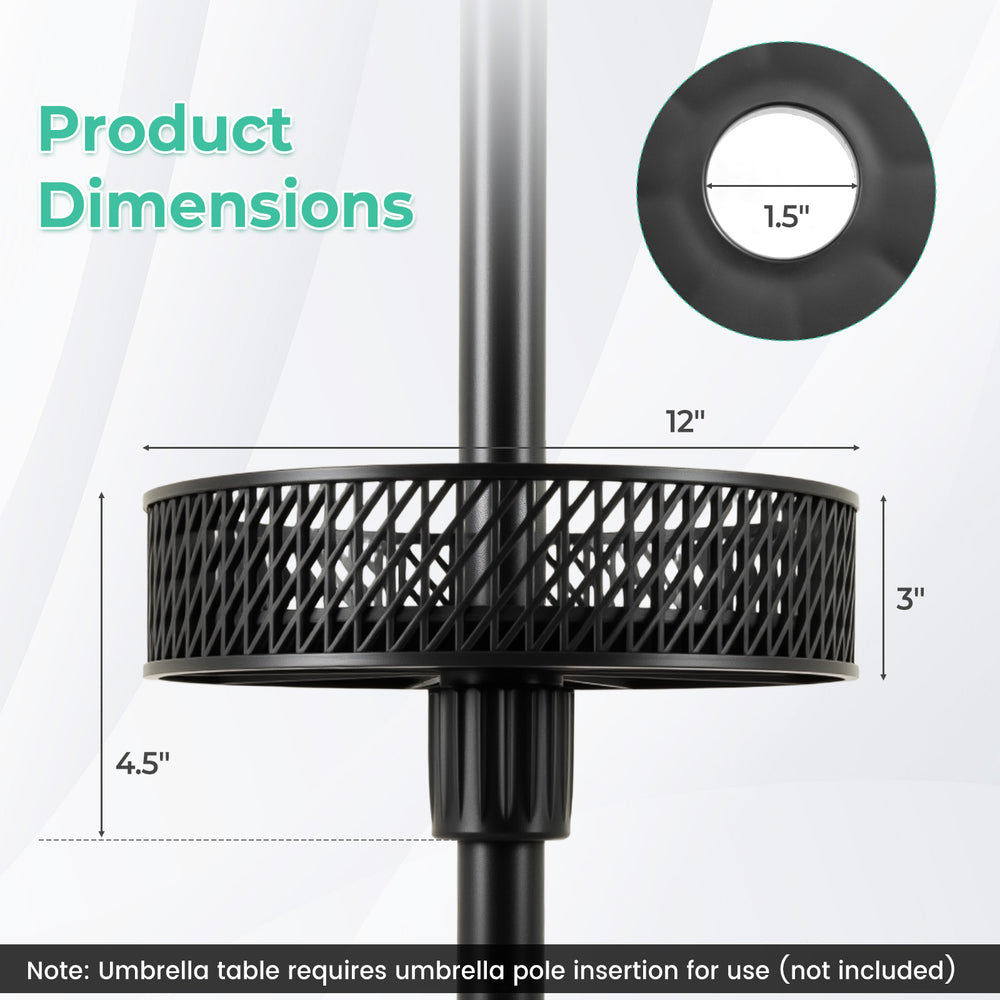 Patio umbrella table tray with adjustable storage, featuring a 12" diameter and 1.5" pole compatibility for outdoor use.