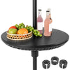 Adjustable black patio umbrella table tray with fruits and drinks, designed for stability and easy assembly. Perfect.