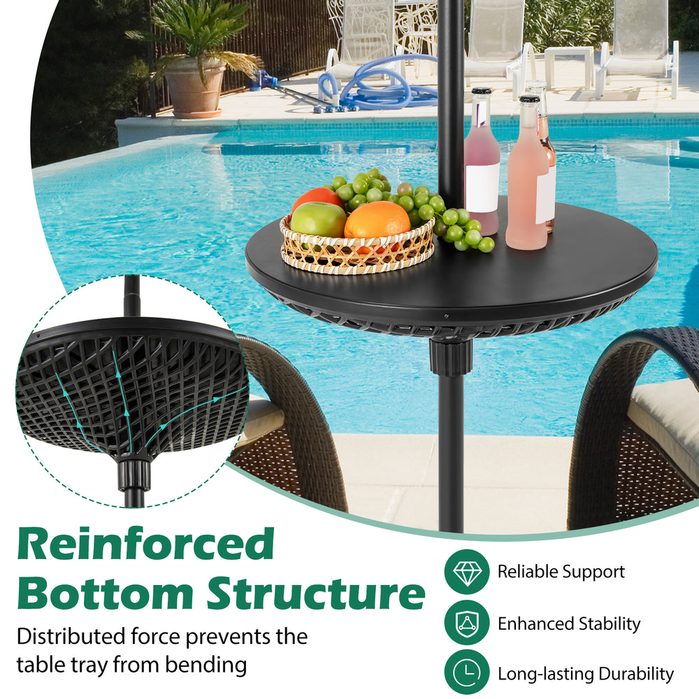 Patio umbrella table tray in black with reinforced bottom structure for stability, ideal for poolsides and backyards.