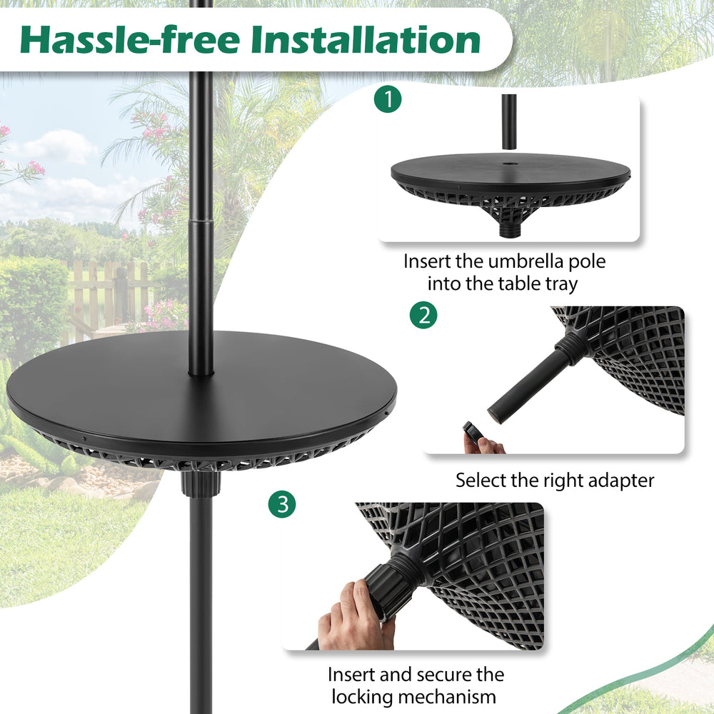 Patio umbrella table tray in black, featuring adjustable adapters for various pole sizes, ideal for outdoor use.