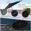 10 feet navy patio umbrella with 112 solar lights, crank handle, and durable polyester fabric for outdoor summer use.