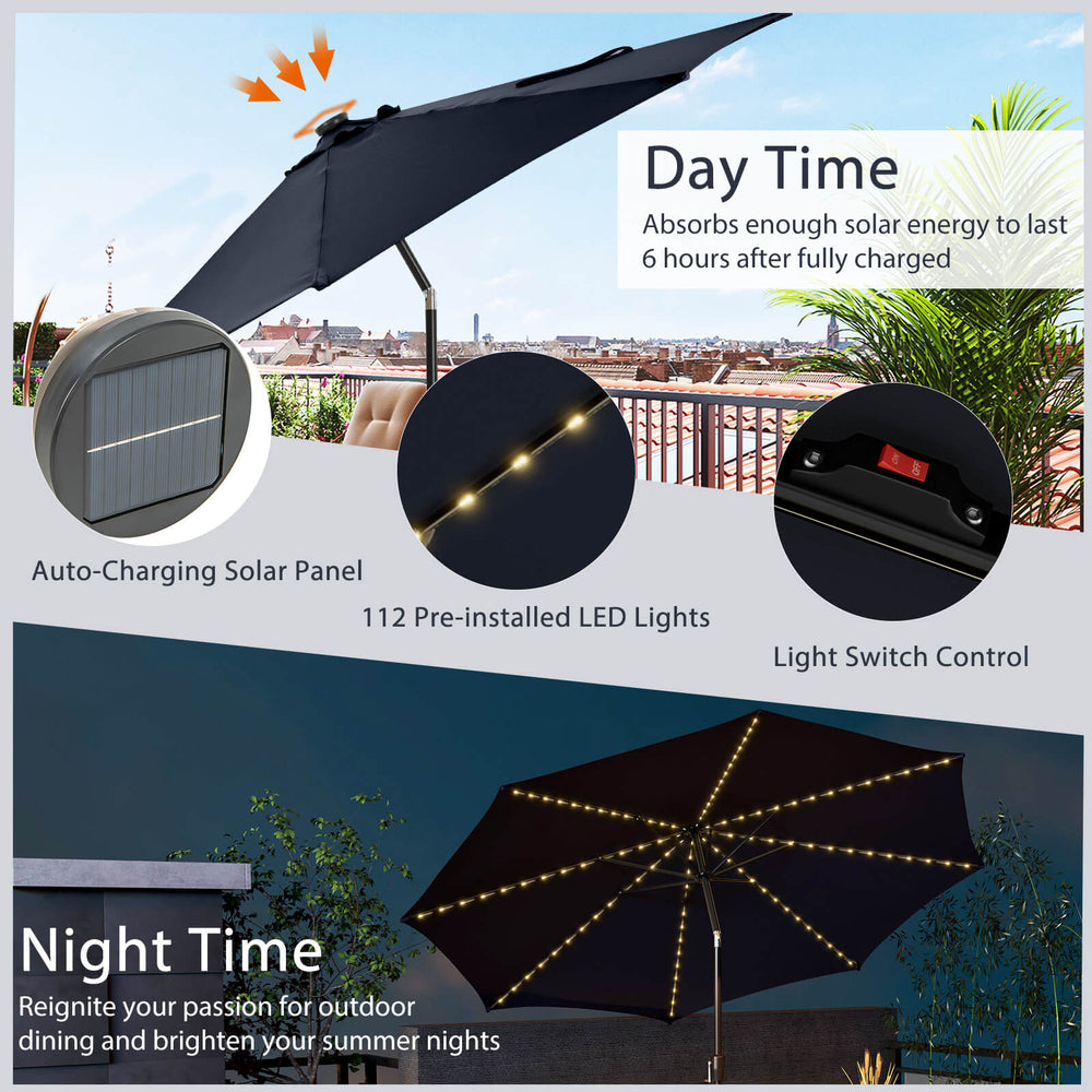 10 feet navy patio umbrella with 112 solar lights, crank handle, and durable polyester fabric for outdoor summer use.