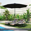 Patio umbrella with 112 solar lights, navy polyester fabric, and crank handle, perfect for outdoor relaxation.