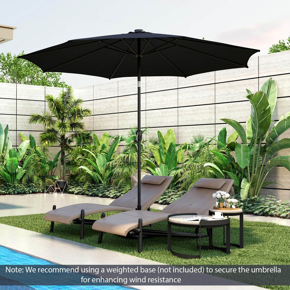 Patio umbrella with 112 solar lights, navy polyester fabric, and crank handle, perfect for outdoor relaxation.