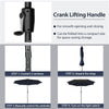 Crank lifting handle of a 10 feet navy patio umbrella with solar lights for easy opening and compact storage.