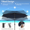 10-foot navy patio umbrella with 112 solar-powered LED lights and a crank handle, featuring a tilted design for optimal.