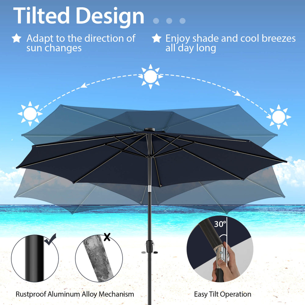10-foot navy patio umbrella with 112 solar-powered LED lights and a crank handle, featuring a tilted design for optimal.