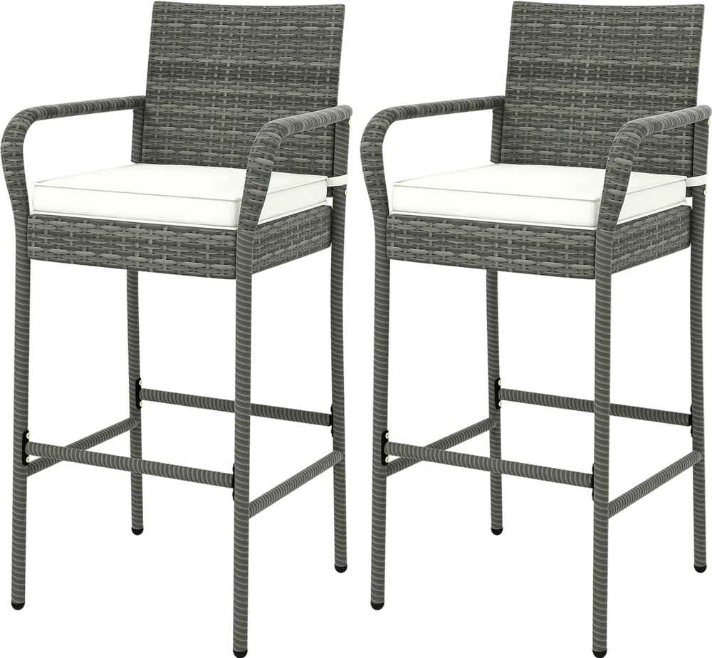 Patio Wicker Barstools with Armrests and Soft Cushions for Porch Backyard Set of 2