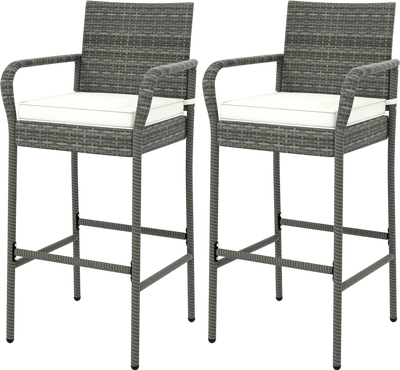 Costway Patio Wicker Barstools w/ Armrests & Cushions Set of 2 738615249 New