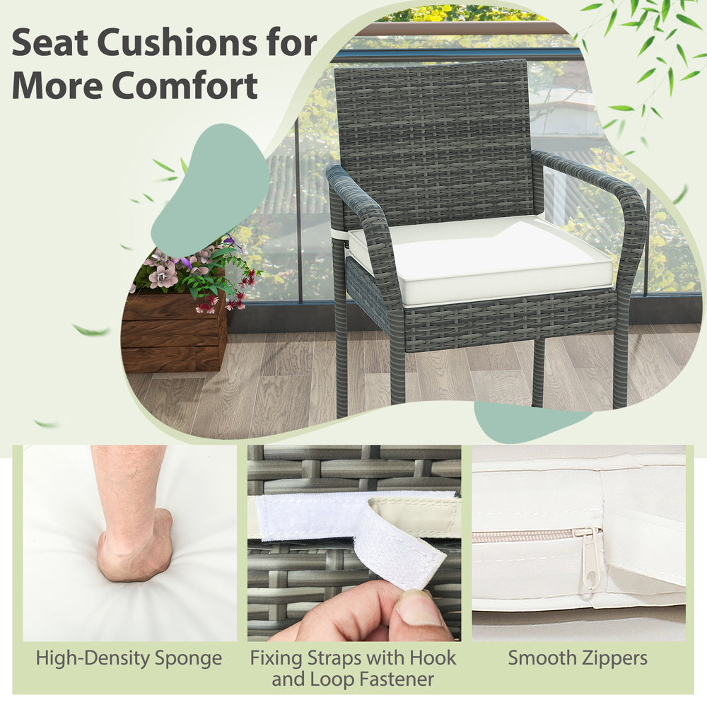Close-up of seat cushions on patio wicker barstools, featuring high-density sponge and smooth zippers for easy.