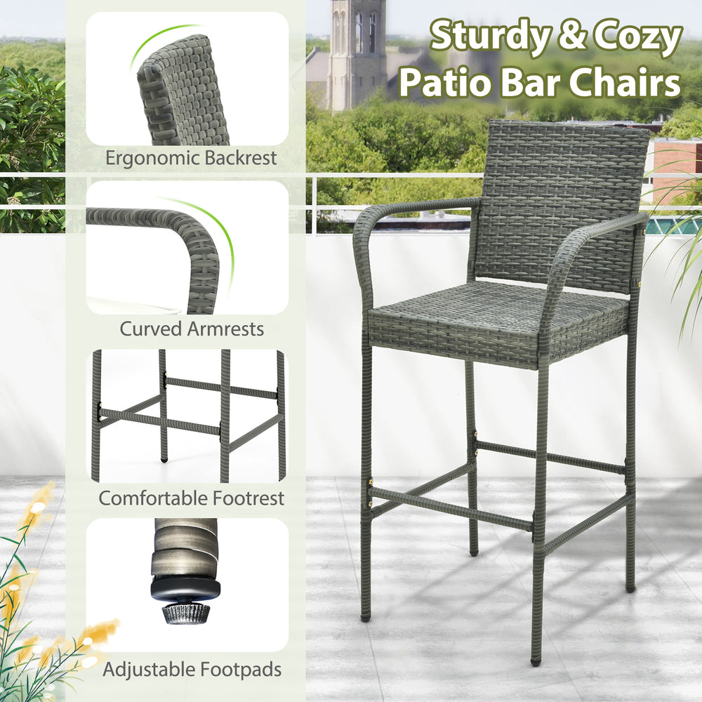 Patio wicker barstool with armrests, soft cushions, and durable gray PE rattan, ideal for backyard and poolside use.