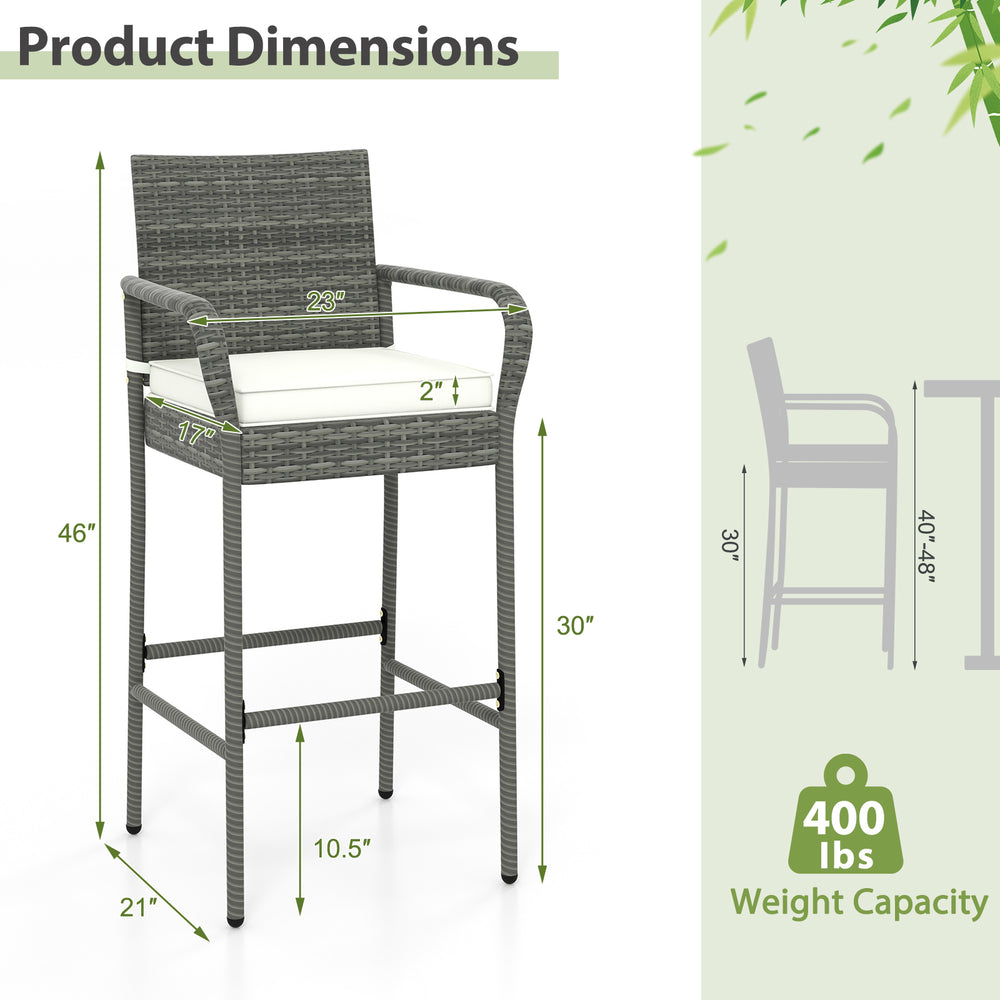 Patio wicker barstool dimensions with armrests and soft cushions, featuring a 30" seat height and durable gray PE.