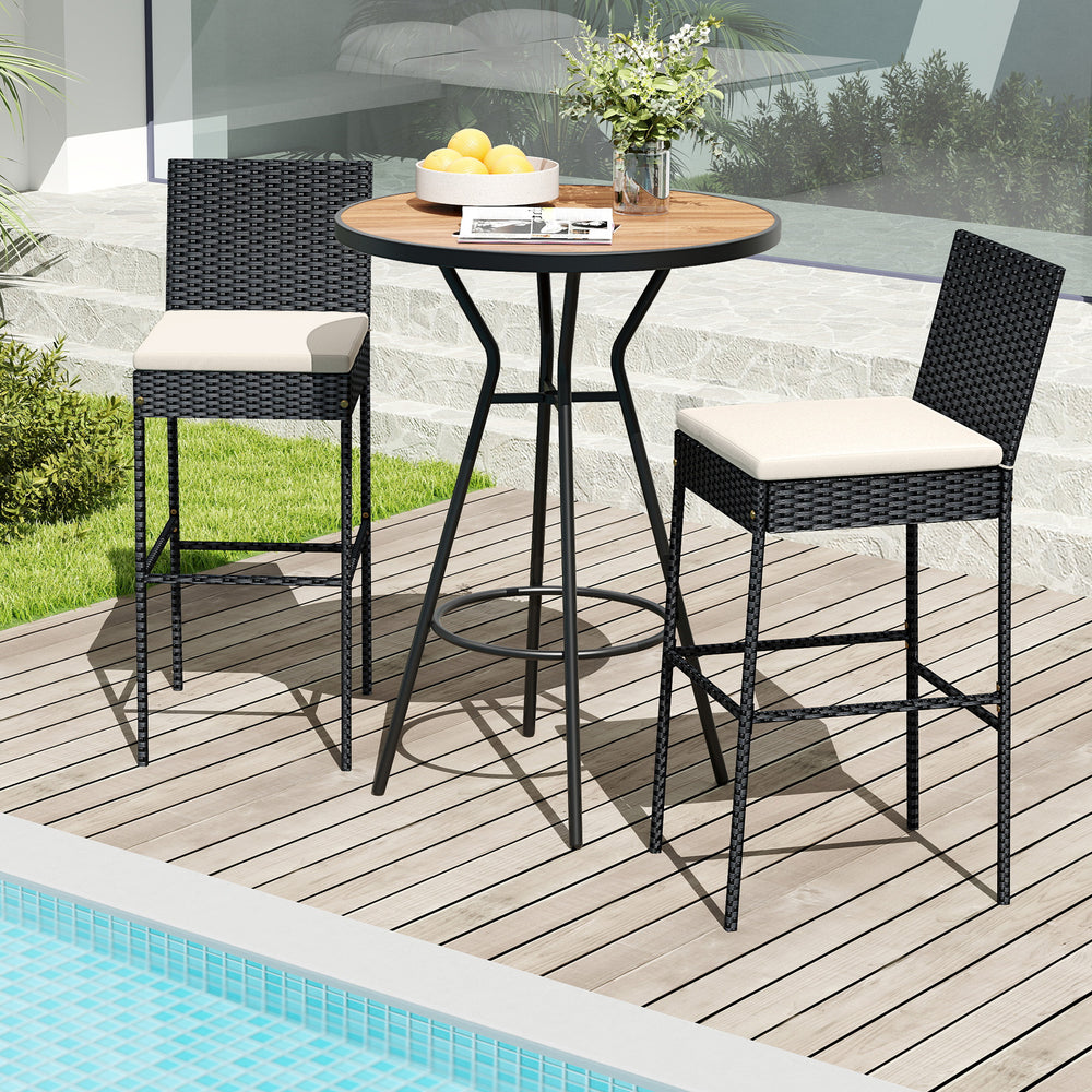Patio wicker barstools set of 2 with backrest and footrest, featuring PE rattan, ideal for poolside or backyard use.