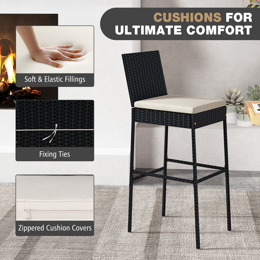 Patio wicker barstool with backrest and elastic cushion, featuring fixing ties and zippered covers for easy cleaning.