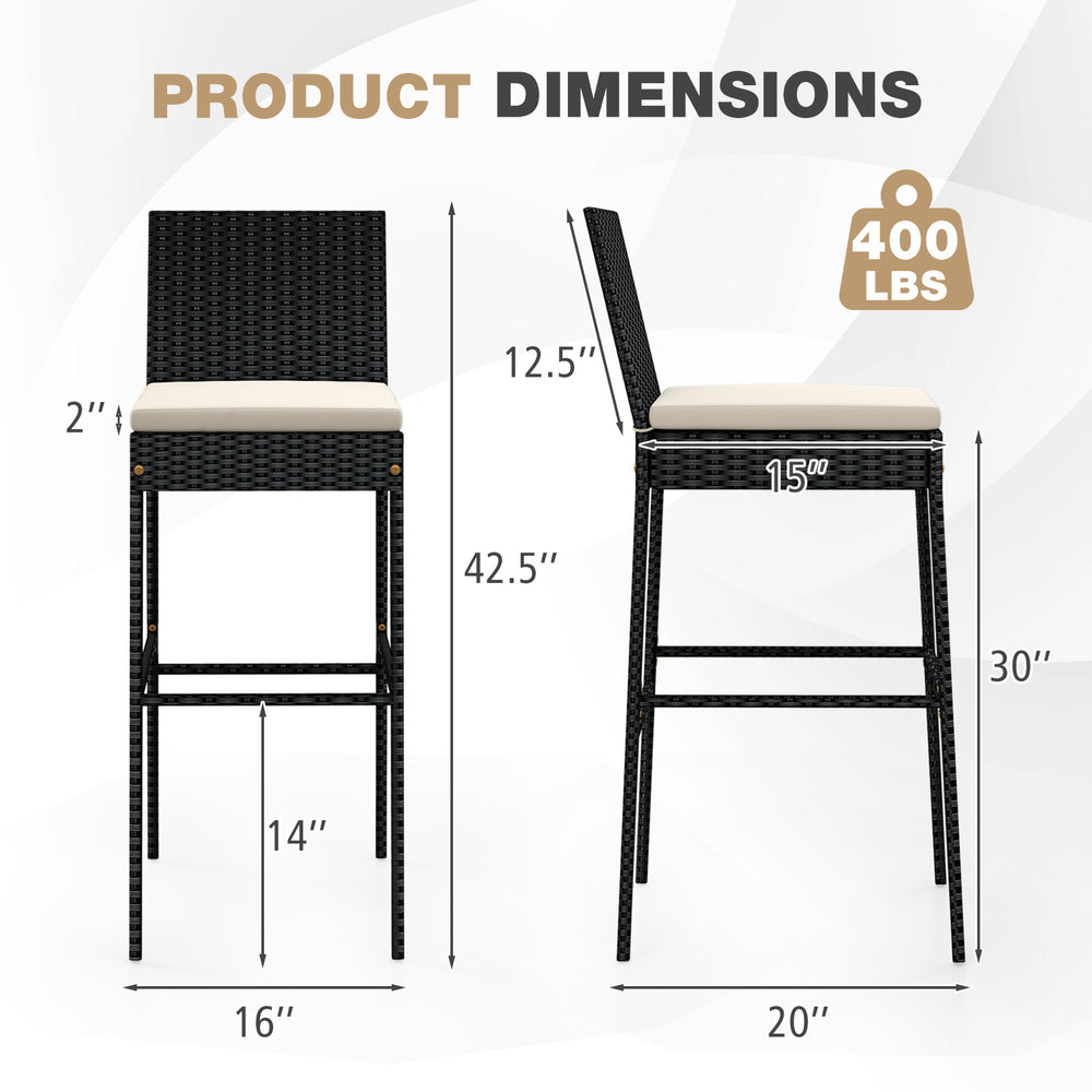 Patio wicker barstool dimensions showing 30" seat height, 400 lbs capacity, and backrest for comfort and stability.