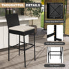 Black patio wicker barstool with backrest and footrest, featuring a sturdy metal frame and elastic seat cushion for.