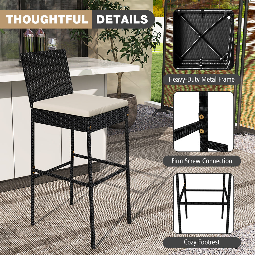 Black patio wicker barstool with backrest and footrest, featuring a sturdy metal frame and elastic seat cushion for.