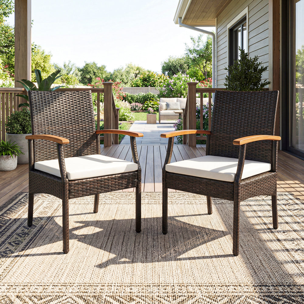 Patio wicker chair set of 2 with soft zippered cushions, ergonomic design, perfect for backyard or poolside relaxation.