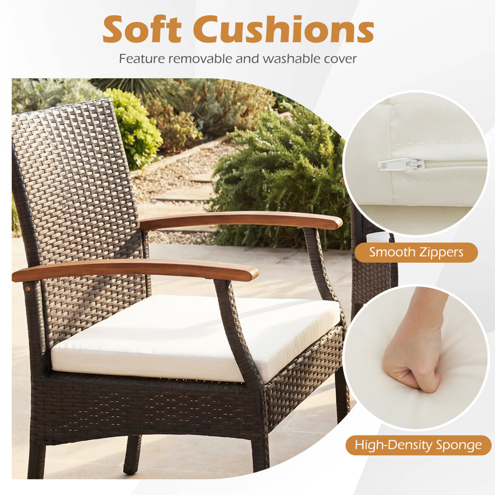Patio wicker chair with soft zippered cushion, ergonomic design, and hand-woven PE rattan for backyard comfort.