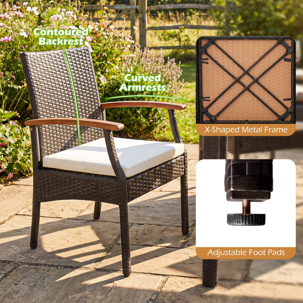 Patio wicker chair with ergonomic backrest, curved armrests, and soft zippered cushion for backyard relaxation.