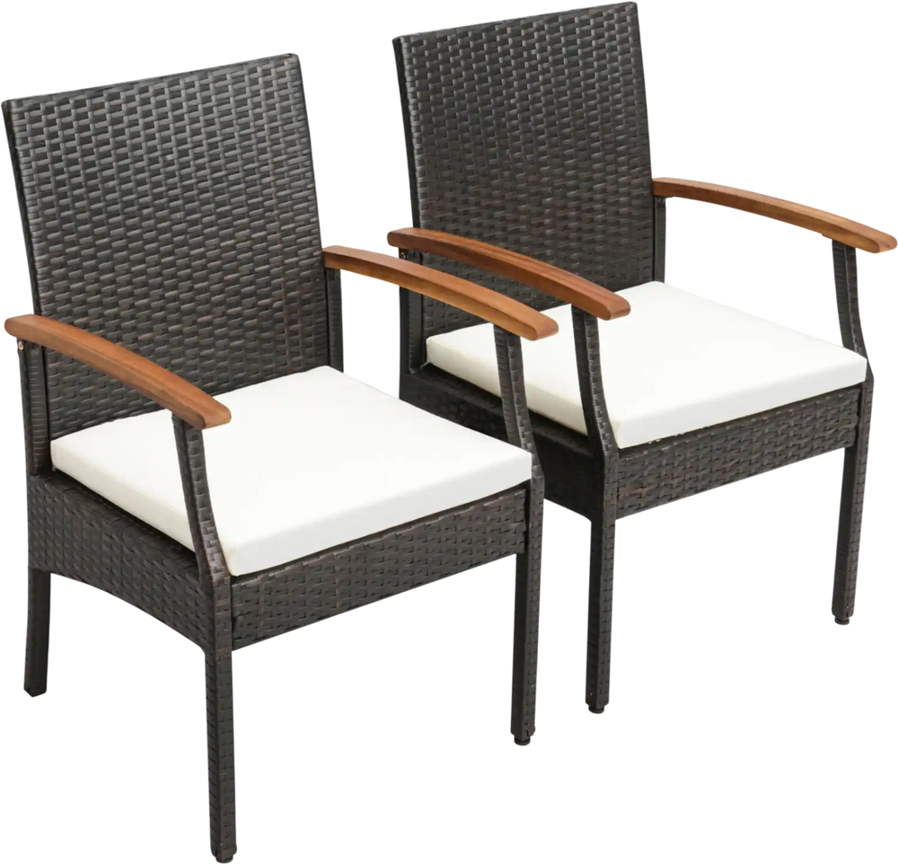 Set of 2 patio wicker chairs with soft zippered cushions, ergonomic design, and hand-woven PE rattan for outdoor use.