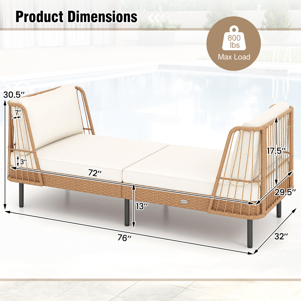 Patio wicker daybed with cushions, 72" wide, handwoven PE rattan, supports 800 lbs, ideal for outdoor relaxation.